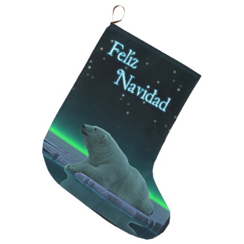 Feliz Navidad _ Ice Edge Polar Bear Large Christmas Stocking