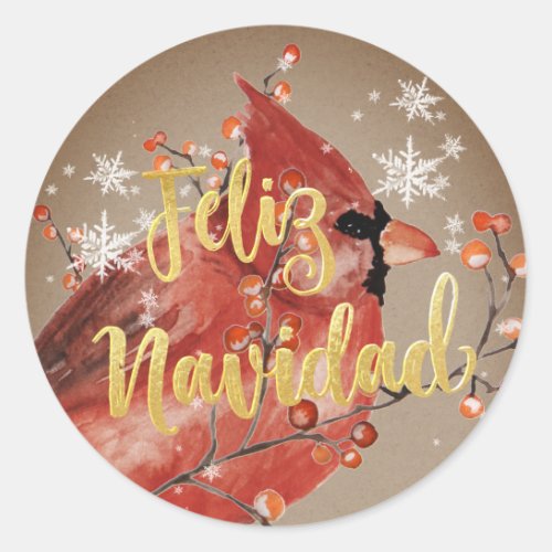 Feliz Navidad Kraft Paper Red Cardinal Snowflakes Classic Round Sticker