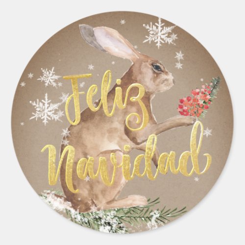 Feliz Navidad Kraft Paper Winter Hare Rabbit Classic Round Sticker
