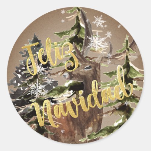 Feliz Navidad Kraft Paper Winter Woodland Stag Classic Round Sticker