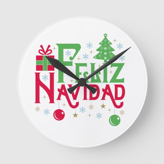 Feliz Navidad Merry Christmas Happy Yule Round Clock (Front)