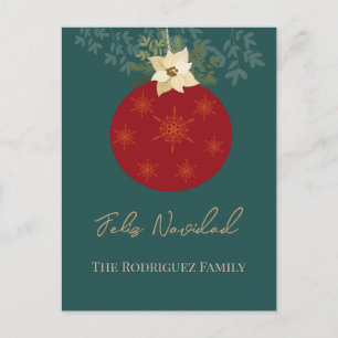 Feliz Navidad-Merry Christmas Red Ornament Holiday Postcard