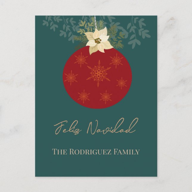 Feliz Navidad-Merry Christmas Red Ornament Holiday Postcard (Front)