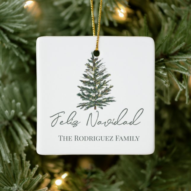 Feliz Navidad-Merry Christmas Tree and Lights  Ceramic Ornament (Tree)