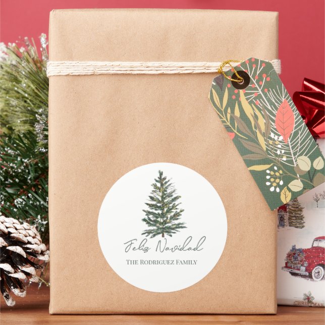 Feliz Navidad-Merry Christmas Tree and Lights  Classic Round Sticker (Holiday)