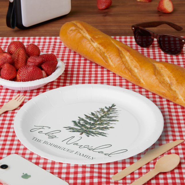 Feliz Navidad-Merry Christmas Tree and Lights  Paper Plates (Picnic)