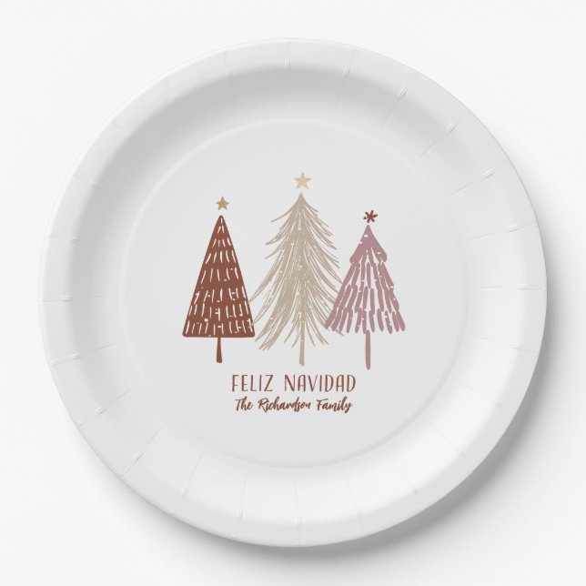 Feliz Navidad Merry Christmas Trees Holiday Party Paper Plates (Front)