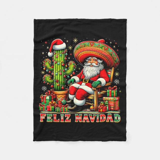 Feliz Navidad Mexican Christmas Santa Sombrero Cac Fleece Blanket (Front)
