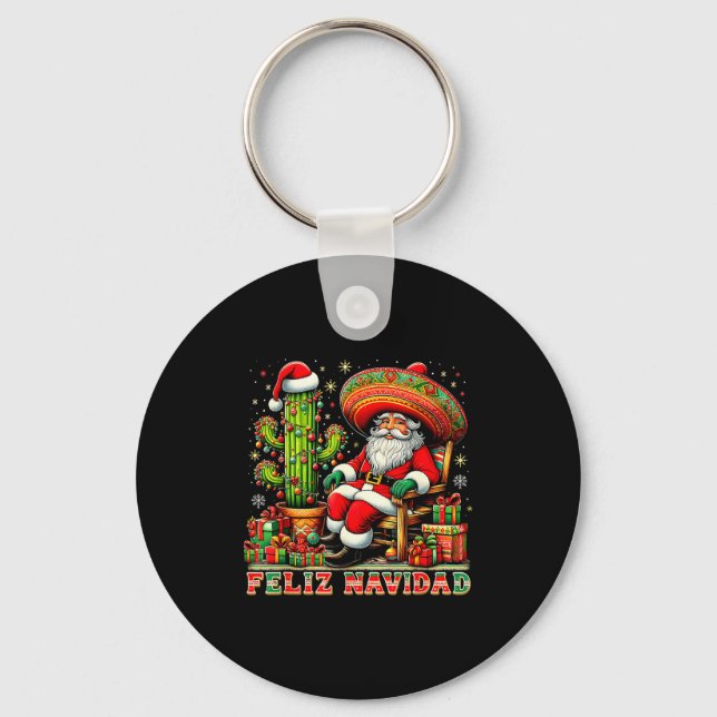 Feliz Navidad Mexican Christmas Santa Sombrero Cac Keychain (Front)