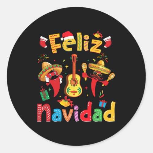 Feliz Navidad Mexican Fiesta Hot Pepper Guitar Xma Classic Round Sticker