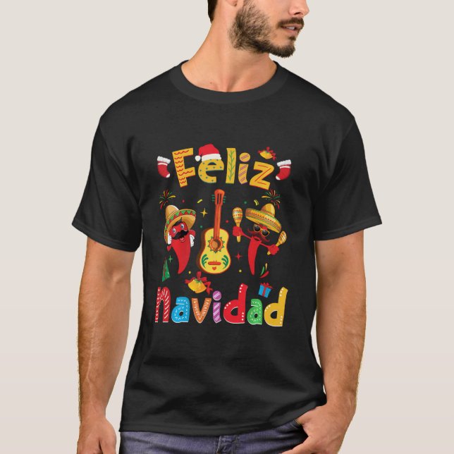 Feliz Navidad Mexican Fiesta Hot Pepper Guitar Xma T-Shirt (Front)