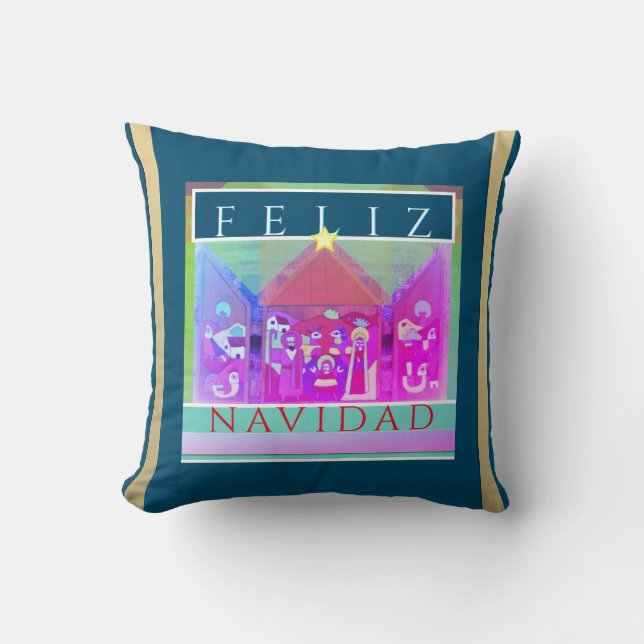 Feliz Navidad Mexican Nativity on Ocean Blue Throw Pillow (Front)