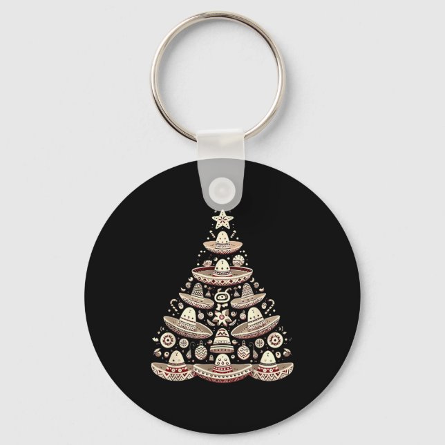 Feliz Navidad Mexican Sombrero Christmas Tree Men  Keychain (Front)
