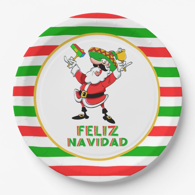 Feliz Navidad Mexico Christmas Santa Paper Plates (Front)
