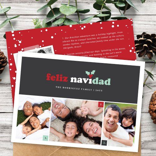 Feliz Navidad Minimalist Blocks 3 Photo Christmas Holiday Card