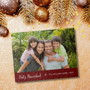 Feliz Navidad Modern Family Photo Christmas Red  Jigsaw Puzzle