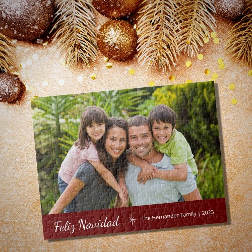 Feliz Navidad Modern Family Photo Christmas Red  Jigsaw Puzzle