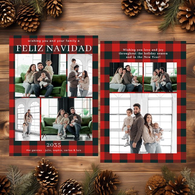 Feliz Navidad Multi Photo Red Buffalo Plaid Holiday Card (Creator Uploaded)