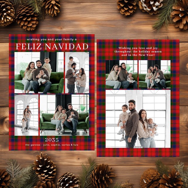 Feliz Navidad Multi Photo Red Plaid Holiday Card (Creator Uploaded)