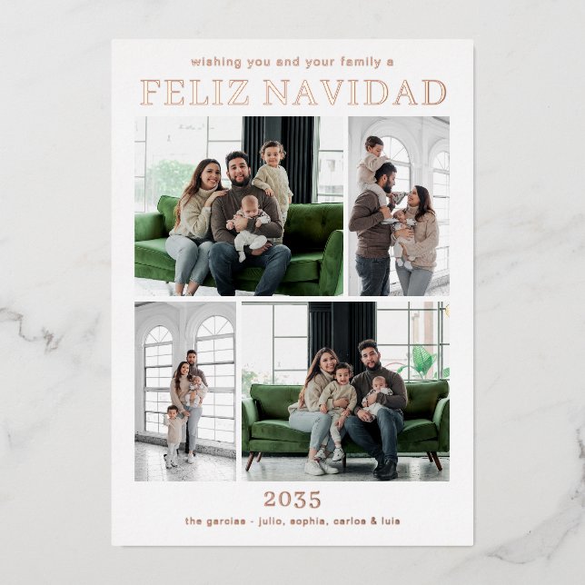 Feliz Navidad Multi Photo Rose Gold Foil Holiday Card (Front)