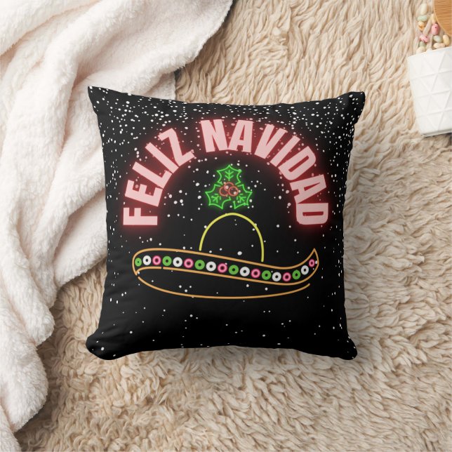 Feliz Navidad Neon Sombrero Holiday  Throw Pillow (Blanket)