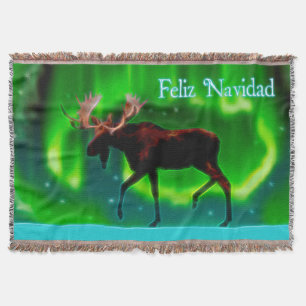 Feliz Navidad - Northern Lights Moose Throw Blanket