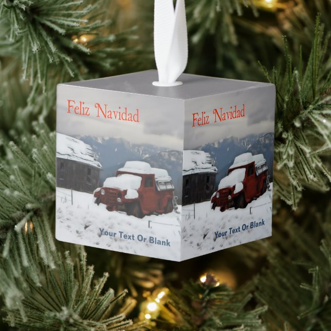 Feliz Navidad - Old Red Truck Cube Ornament (Tree)