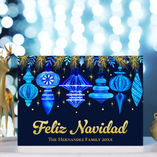 Feliz Navidad Ornaments Navy Blue Watercolor  Foil Holiday Card