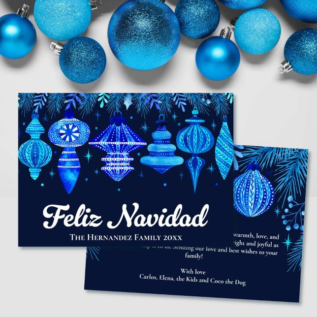 Feliz Navidad Ornaments Navy Blue Watercolor  Holiday Card (Feliz Navidad Ornaments Navy Blue Watercolor Holiday Card)