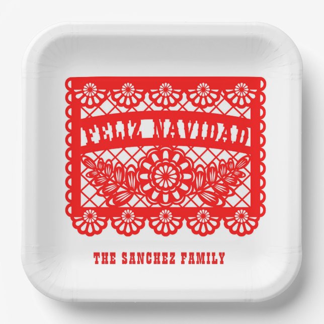 Feliz Navidad Papel Picado Paper Plates (Front)