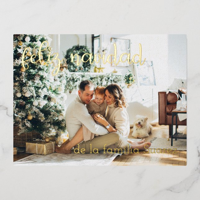Feliz Navidad Personalizable Foto y Nombre Foil Holiday Postcard (Front)
