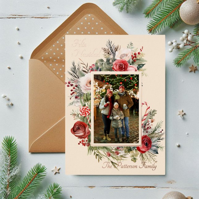 Feliz Navidad Photo Floral Foil Spanish Foil Holiday Card (Creator Uploaded)