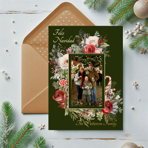 Feliz Navidad Photo Floral Foil Spanish Holiday Card