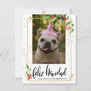 Feliz Navidad Photo Gold Berry Holly script Holiday Card