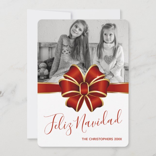 Feliz Navidad Photo Red Bow Gold Trim Christmas Holiday Card (Front)