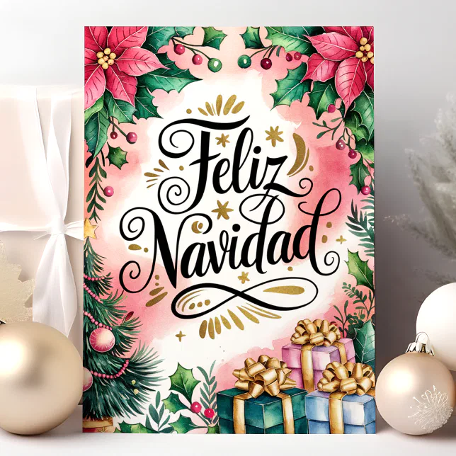 Feliz Navidad Poinsettia Christmas Holiday Card | Zazzle