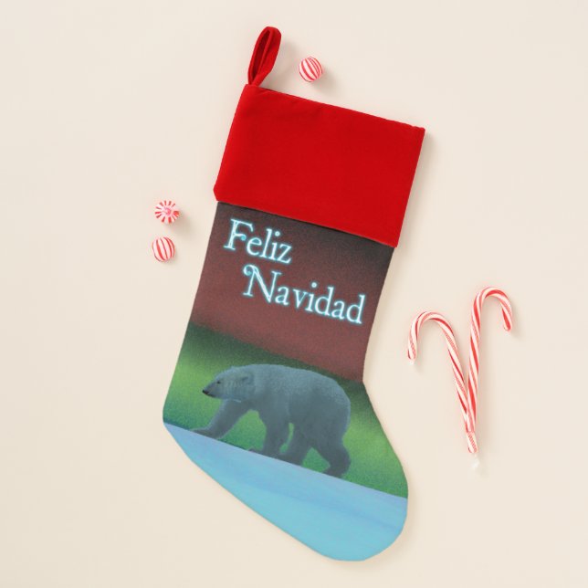 Feliz Navidad - Polar Lights Polar Bear Christmas Stocking (Front)