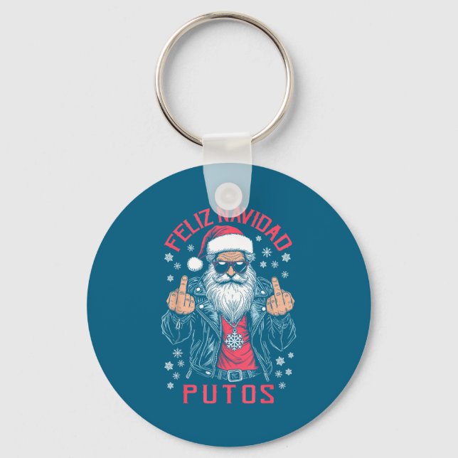 Feliz Navidad Putos Funny Rude Spanish Santa Middl Keychain (Front)