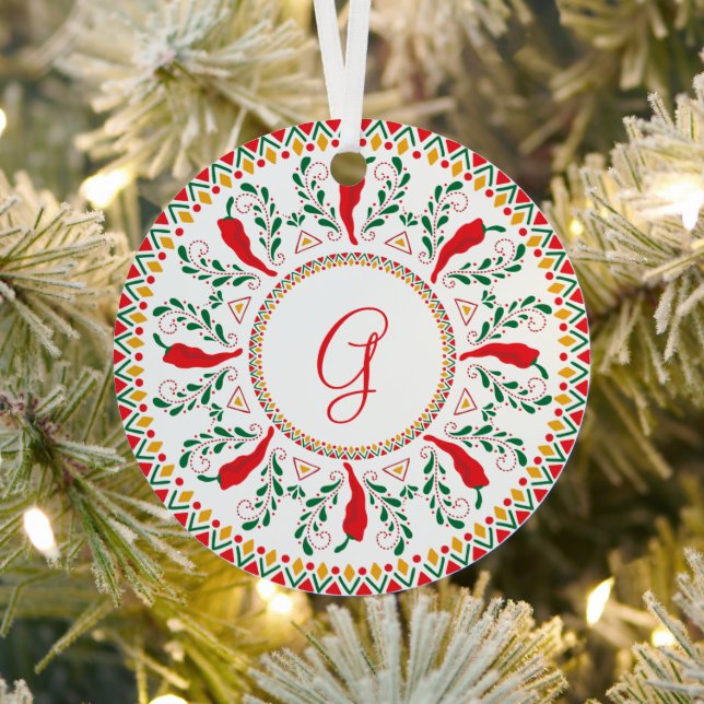 Feliz Navidad Red Chile Pepper Metal Ornament (Insitu)