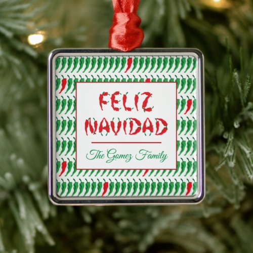 Feliz Navidad Red Chile Pepper Metal Ornament