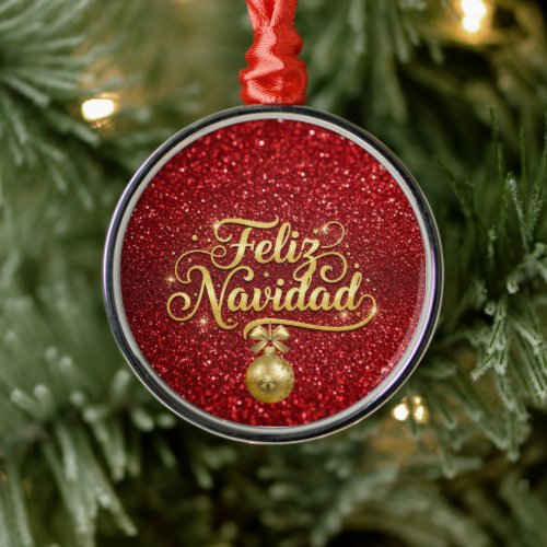Feliz Navidad, red glitter, Metal Ornament