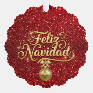 Feliz Navidad, red glitter, Ornament Card