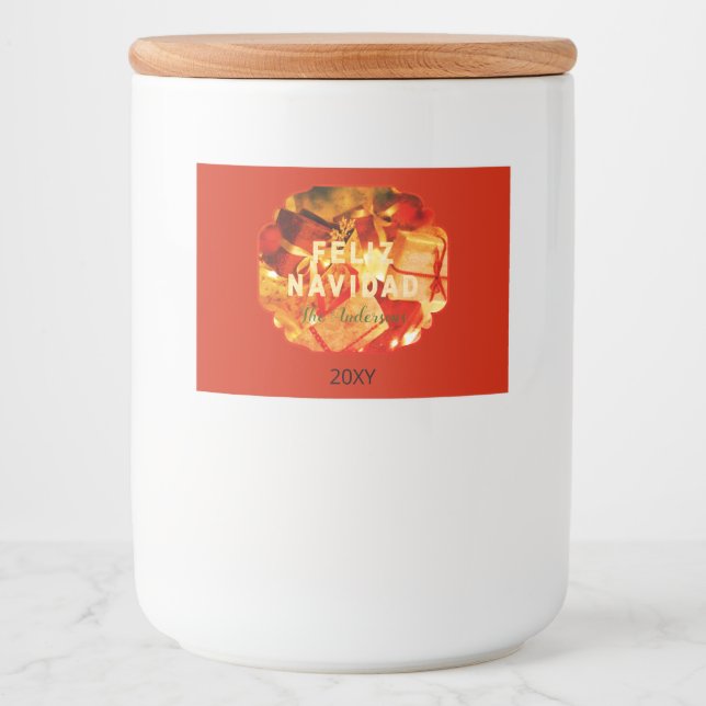 Feliz Navidad Red Gold Elegant Custom Christmas Food Label (Front)