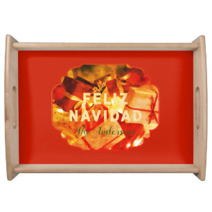 Feliz Navidad Red Gold Elegant Family Christmas Serving Tray