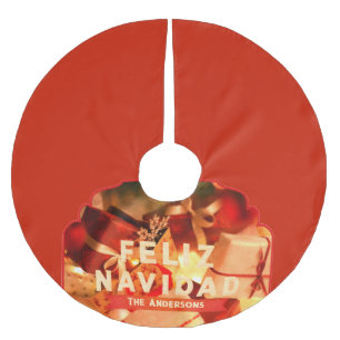 Feliz Navidad Red Gold Family Modern Christmas Brushed Polyester Tree Skirt