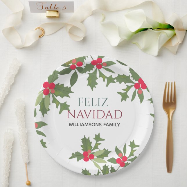 Feliz Navidad Red Holly Berries Christmas Dinner  Paper Plates (Wedding)