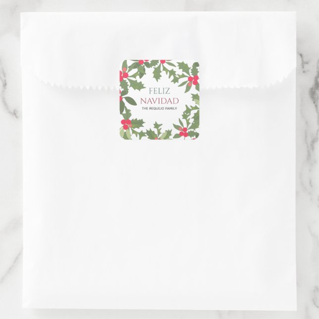 Feliz Navidad Red Holly Berries Christmas    Square Sticker (Bag)