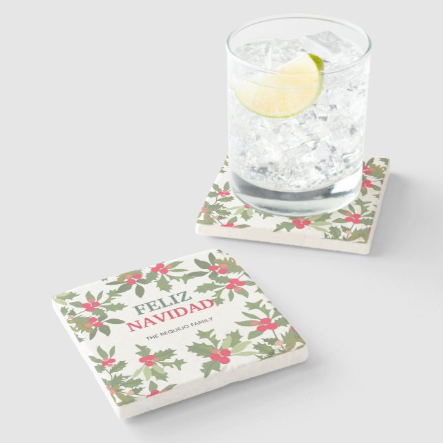 Feliz Navidad Red Holly Berries Christmas     Stone Coaster (Side)