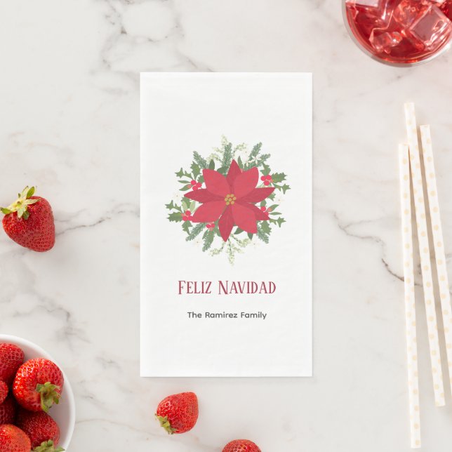 Feliz Navidad Red Poinsettia Floral Holiday Paper Guest Towels (Insitu)