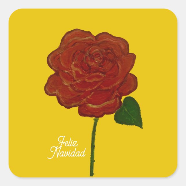 Feliz Navidad Red Rose Painted Square Sticker (Front)